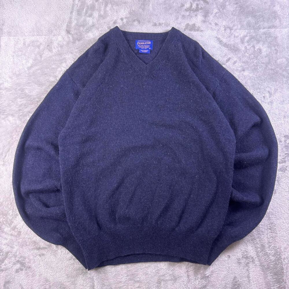 Pendleton Sweater Mens Large Blue Lambswool Wool V Neck Knit Pullover